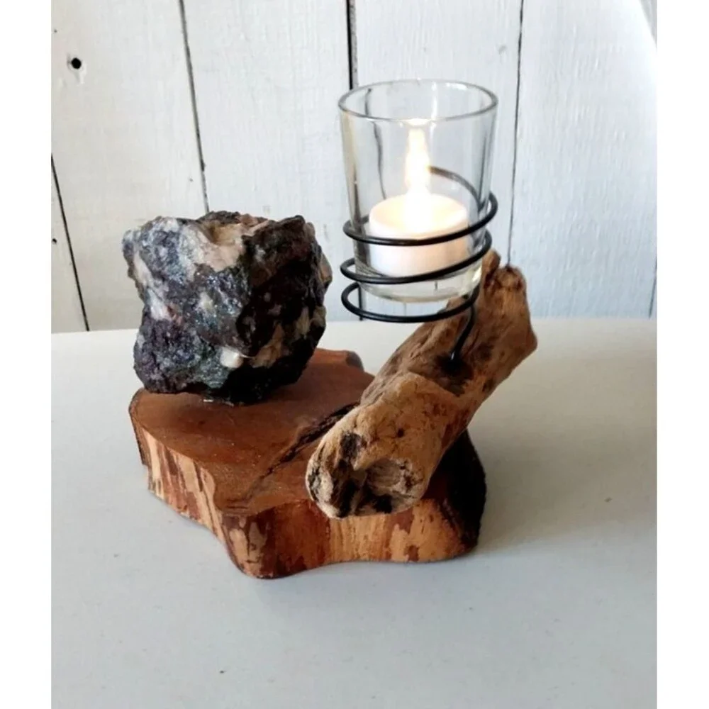 Rustic Driftwood Organic Rock Candle Holder Handmade